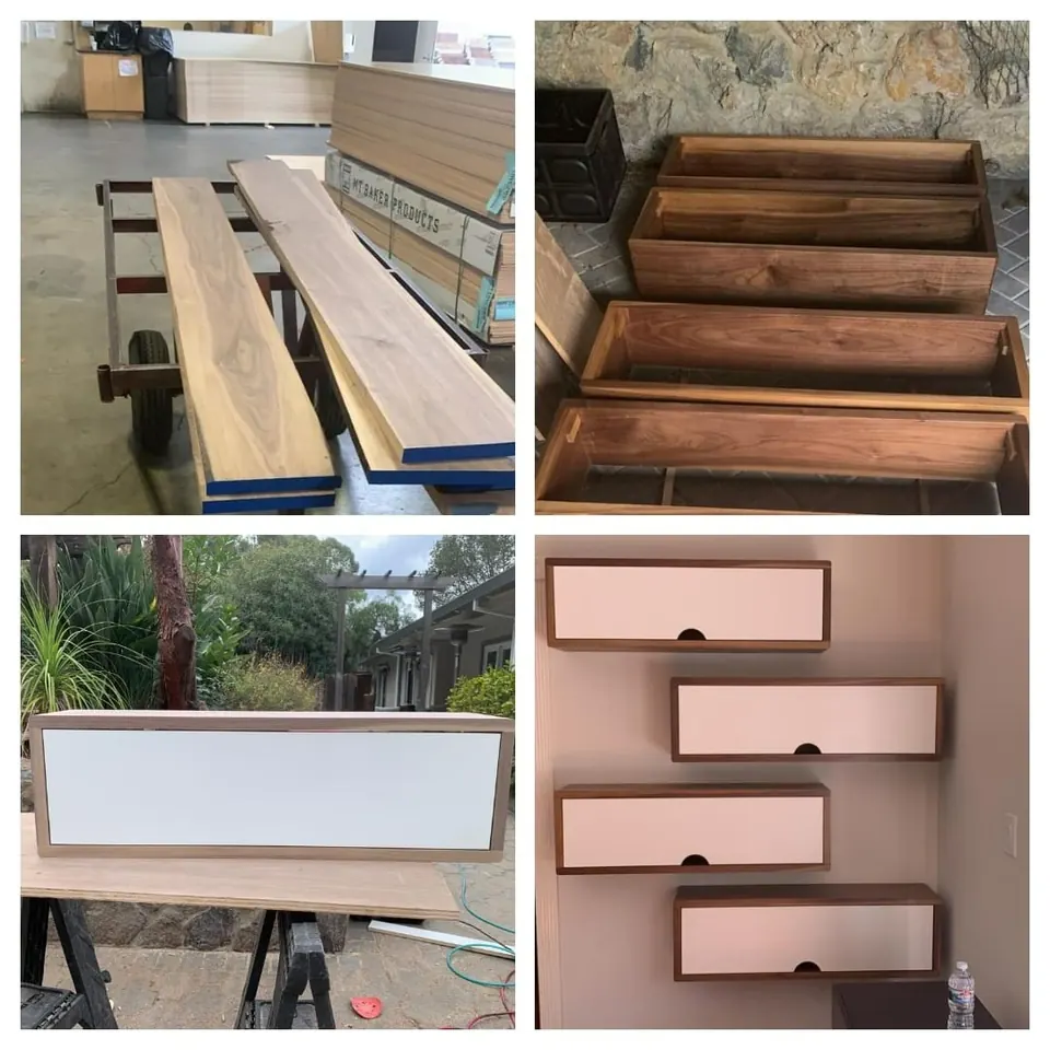 Collage of custom hardwood drawer boxes and fronts being built and finished by the Tulip Remodeling crew