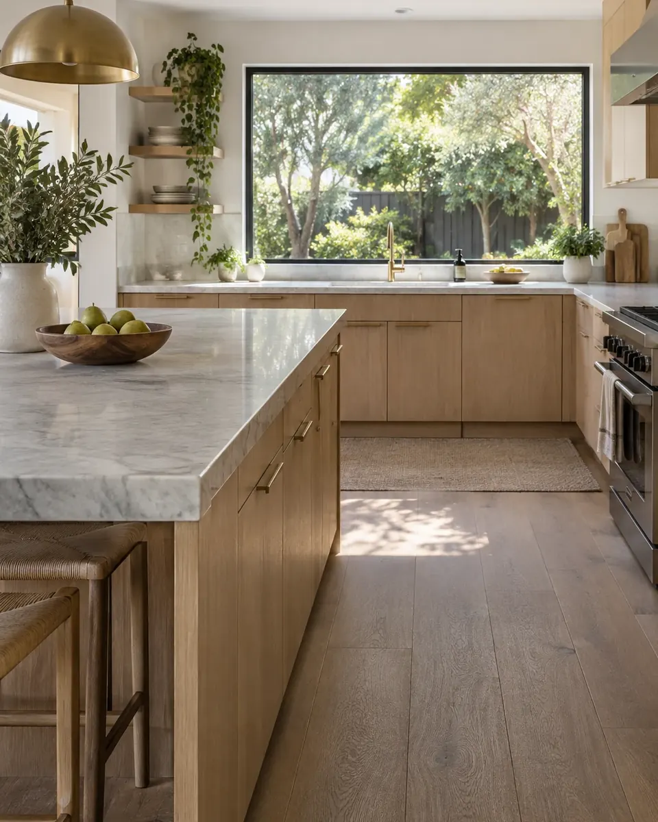 Design concept: white-oak slab cabinets with a soft-veined quartzite island