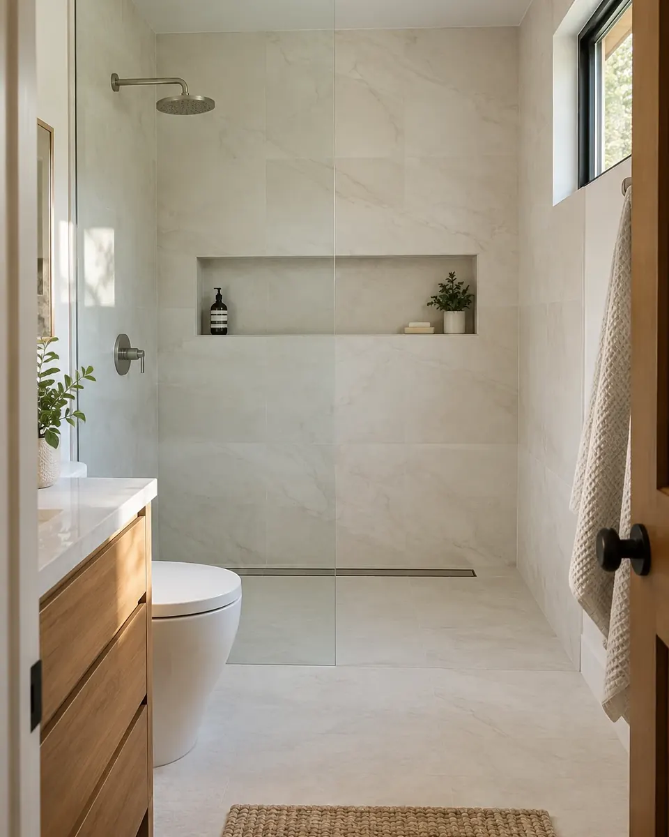 Design concept: curbless walk-in shower in a former tub alcove