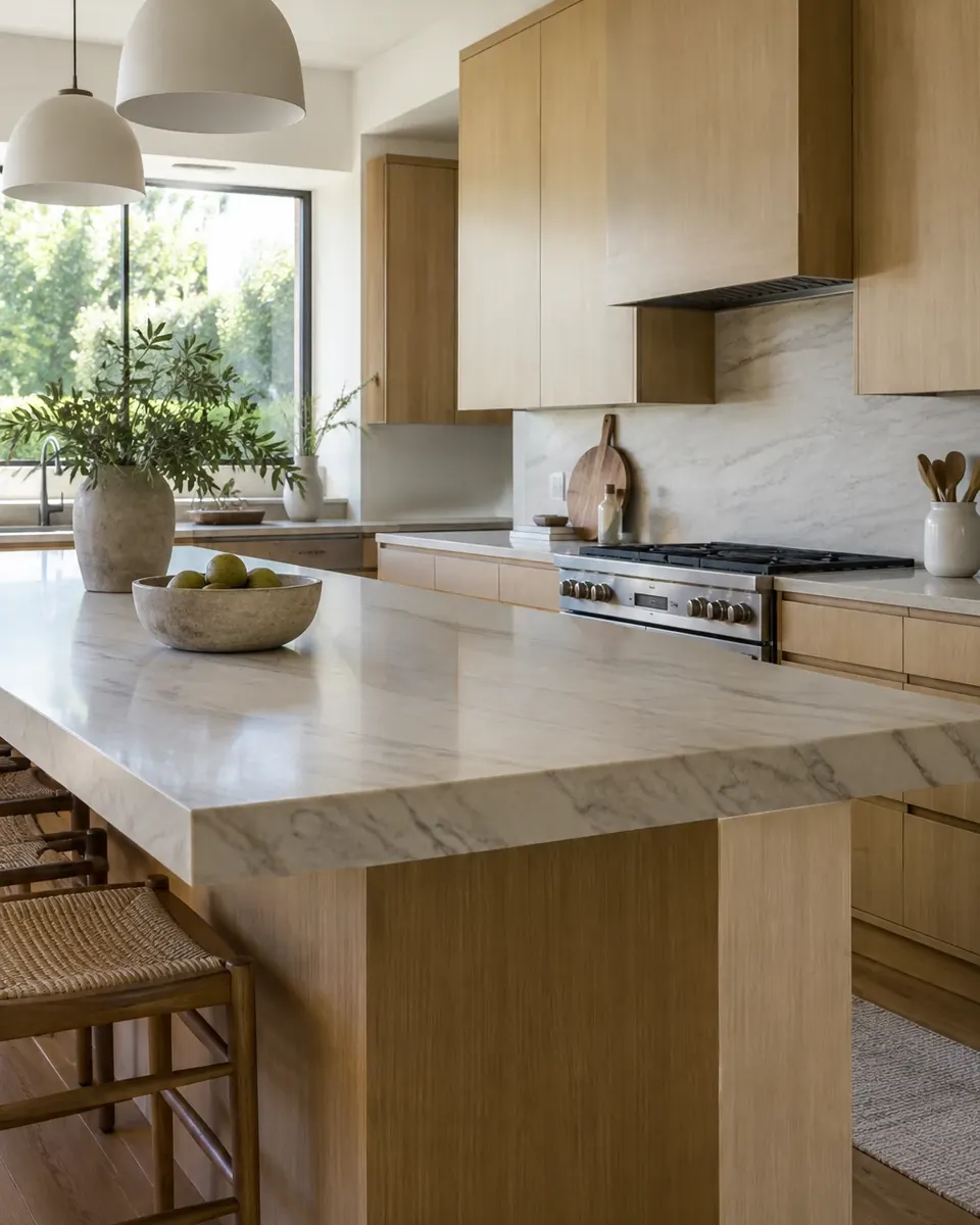 Design concept: white-oak slab cabinets with a soft-veined quartzite island