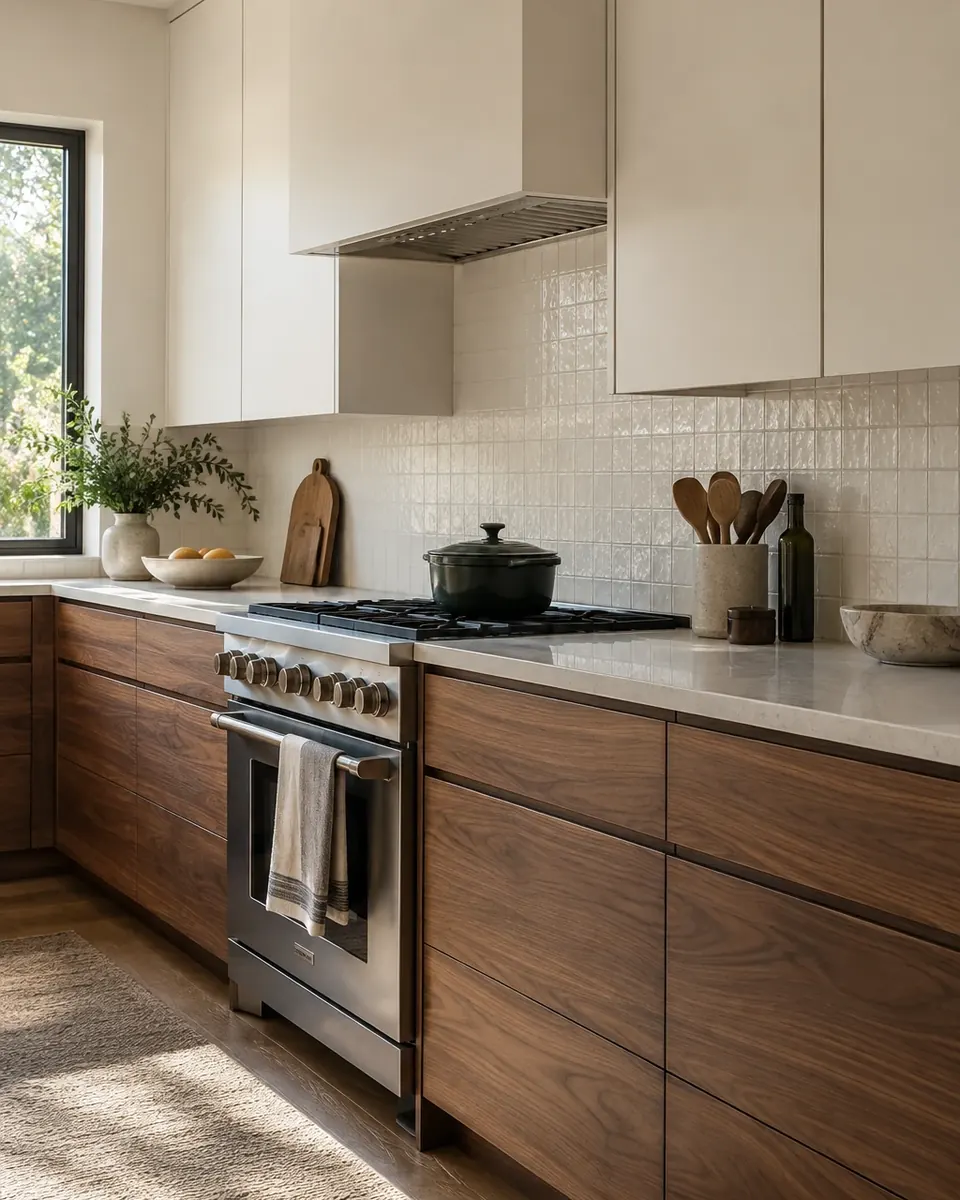 Design concept: walnut lower cabinets with warm-white uppers