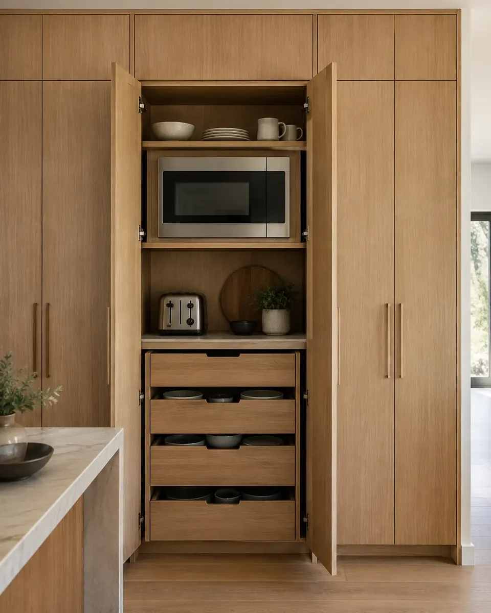 Design concept: rift-oak full-height pantry wall with hidden appliances