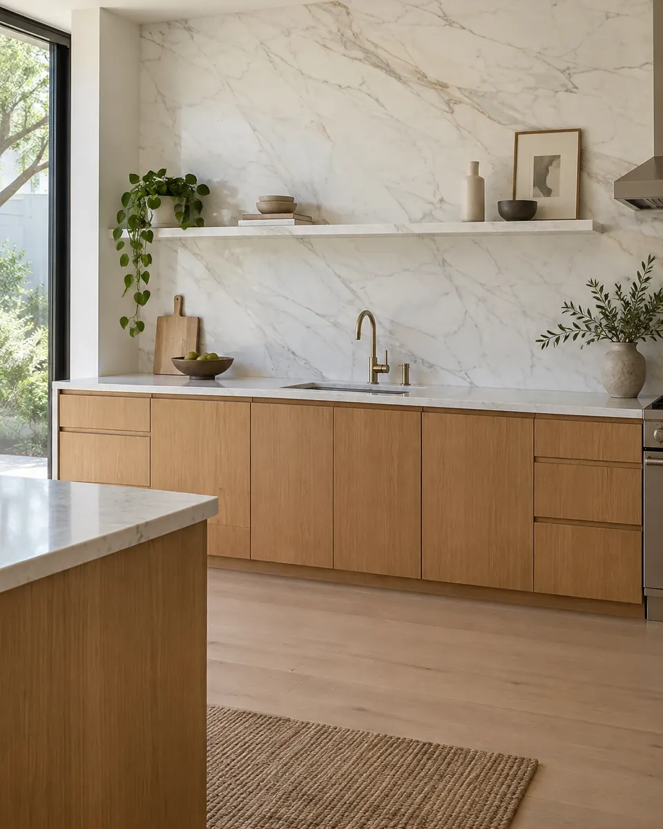 Design concept: wood cabinets with a full-height marble slab backsplash
