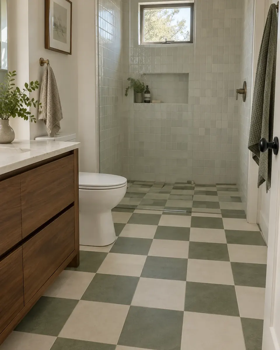 Design concept: checkerboard floor in sage and cream