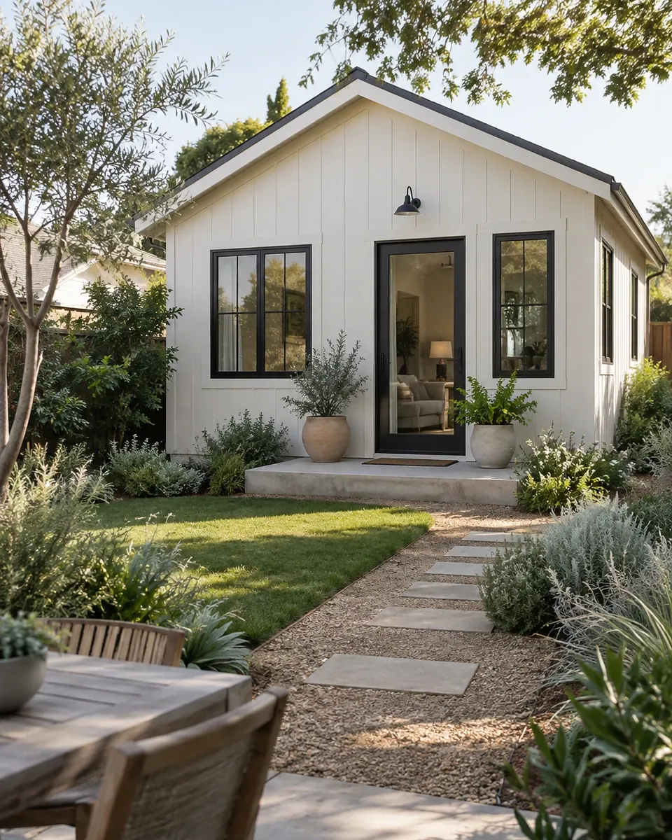 Design concept: one-bedroom detached ADU, board-and-batten exterior