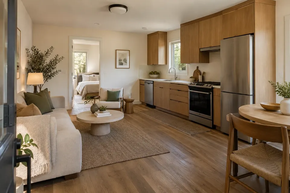 Design concept: compact one-wall kitchen with full-size appliances