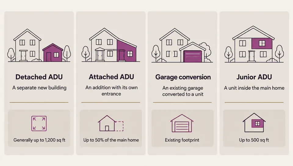 Infographic comparing four ADU types: detached, attached, garage conversion and junior ADU