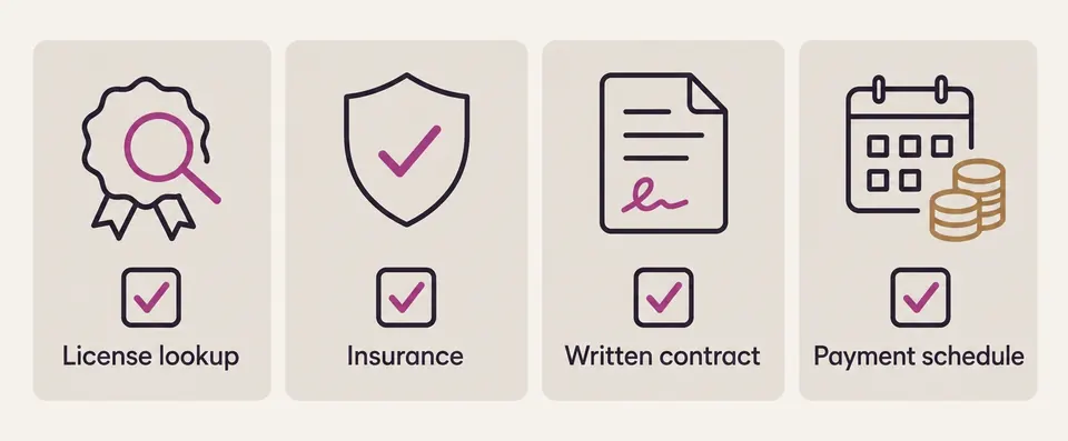 Checklist for hiring a contractor: license lookup, insurance, written contract and payment schedule