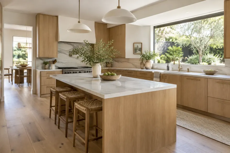 Design concept: kitchen with light white oak flat-panel cabinets and pale veined stone countertops