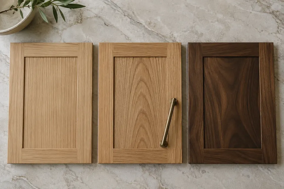 Illustration: three wood cabinet door samples showing straight rift grain, arched plain-sawn grain, and dark walnut