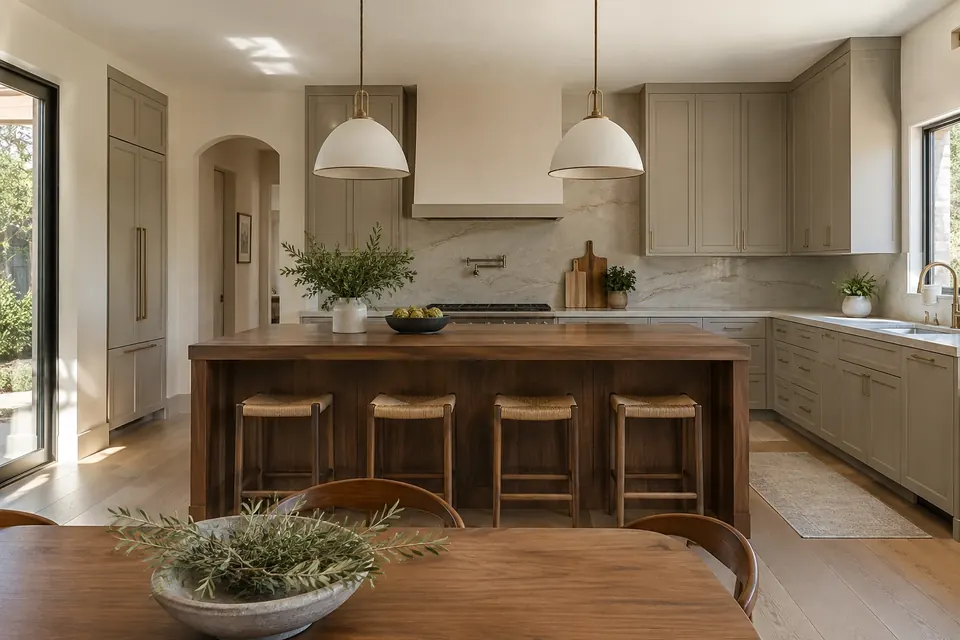 Design concept: kitchen with a dark walnut island and light painted cabinets around the perimeter