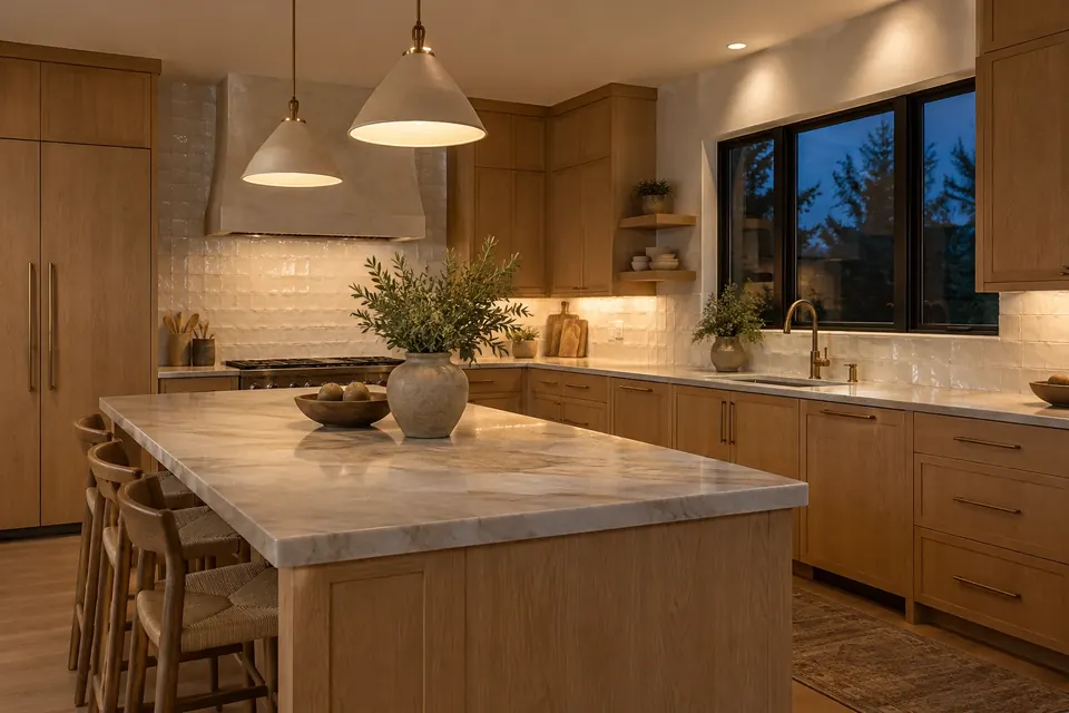 Design concept: white oak kitchen at night with warm under-cabinet lights illuminating the backsplash