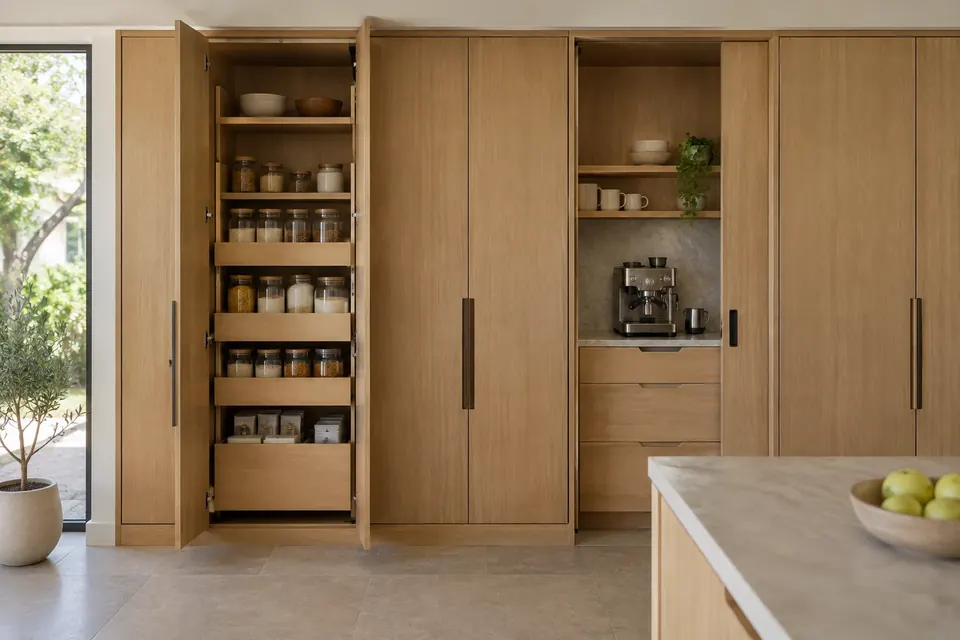 Design concept: built-in wood pantry cabinets with pull-out drawers and a concealed coffee station