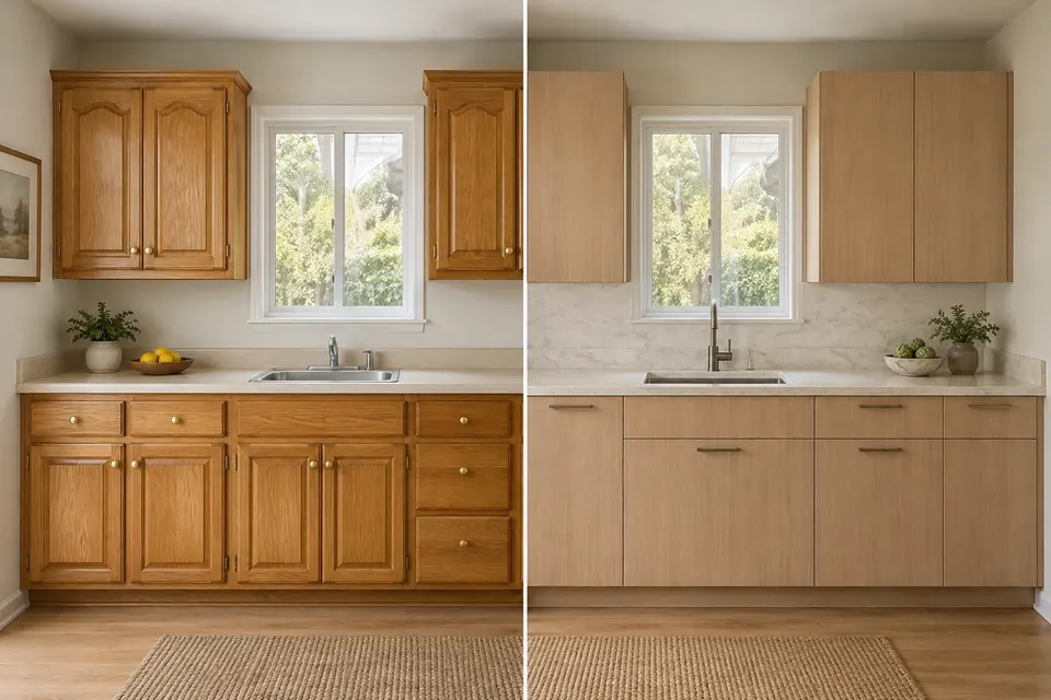 Illustration: older cabinets refaced with flat white oak doors