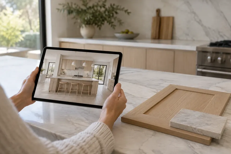 Illustration: a tablet showing a 3D kitchen design next to real wood and stone samples