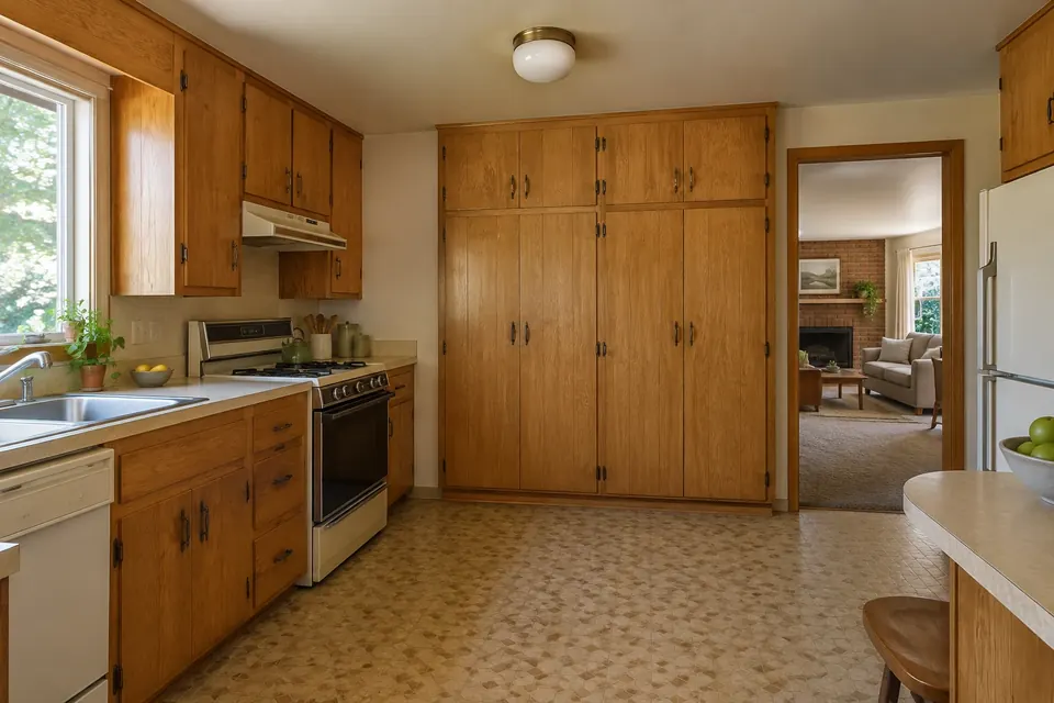 Illustration: a closed-off older kitchen with oak cabinets and a wall blocking the view to the family room