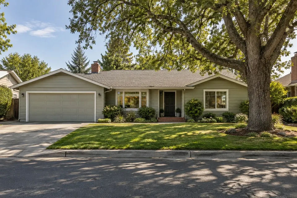 Illustration: a single-story mid-century ranch house on a tree-lined street