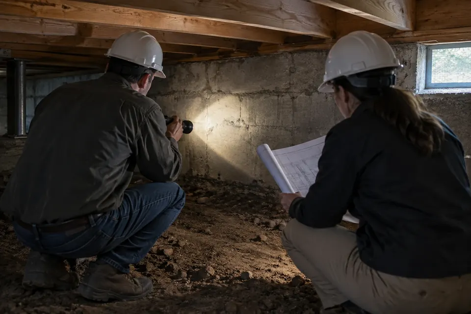 Illustration: two people inspecting a home's foundation in a crawl space with drawings in hand