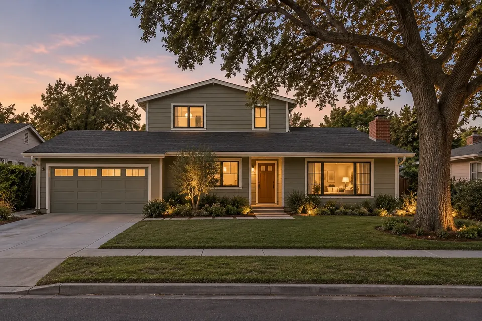 Illustration: a two-story home at dusk with a set-back upper floor and a large oak tree in front