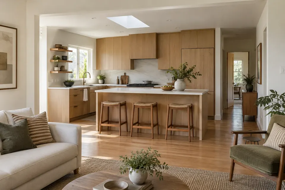 Illustration: post-war bungalow kitchen opened to the living room