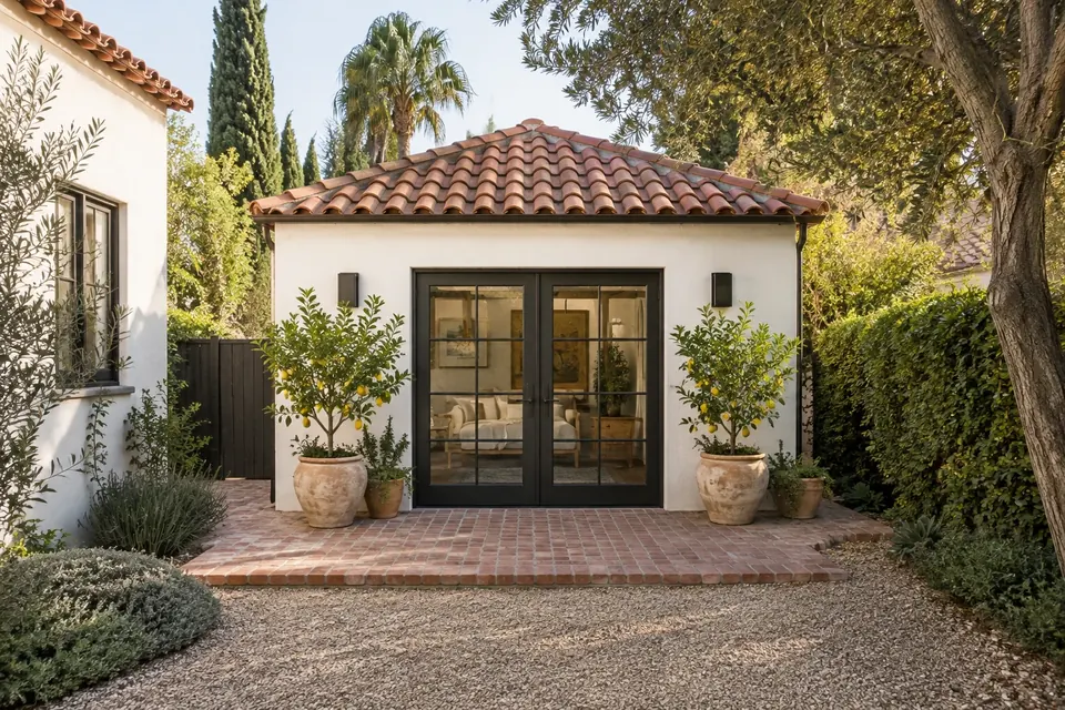Illustration: spanish bungalow with a converted garage studio