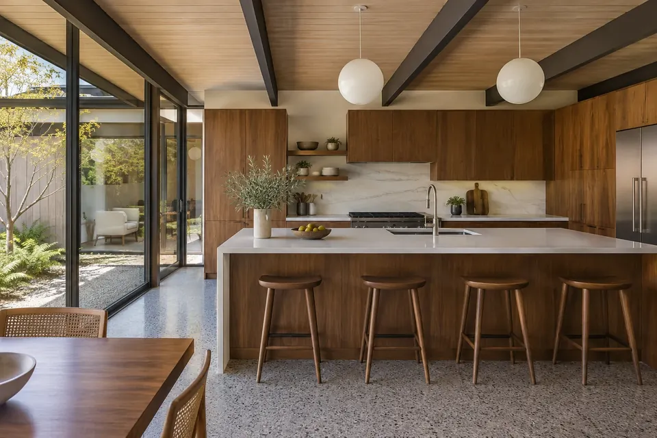 Illustration: Eichler kitchen remodel keeping the post-and-beam
