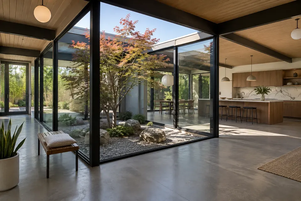 Illustration: Eichler atrium and glass wall after a remodel