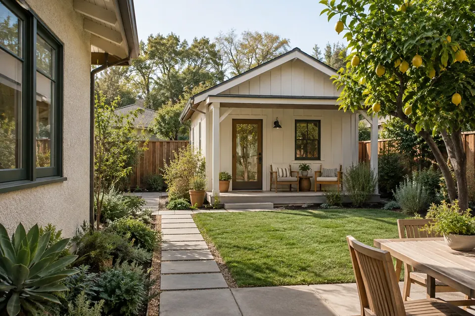 Illustration: bungalow with a detached backyard ADU