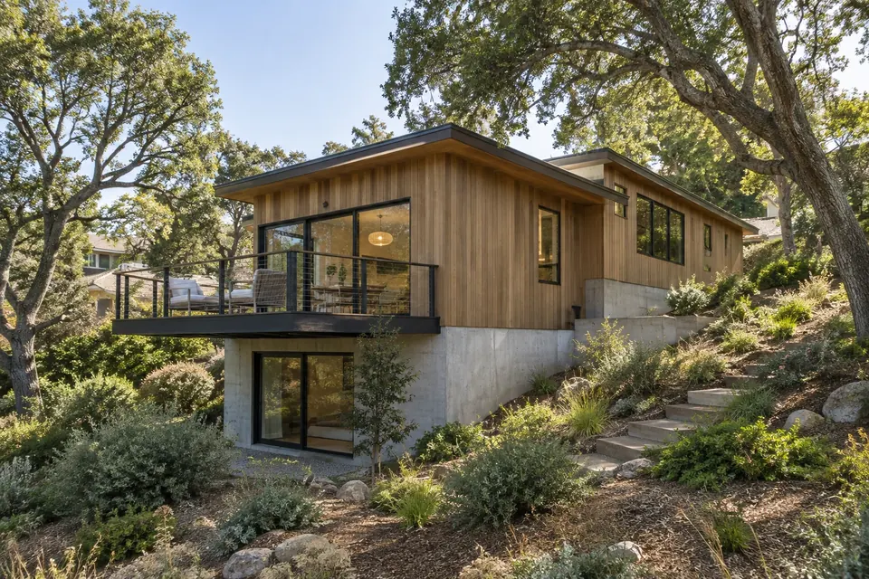 Illustration: hillside home with a stepped addition