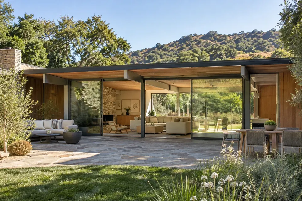 Illustration: mid-century ranch with a glass-walled family room