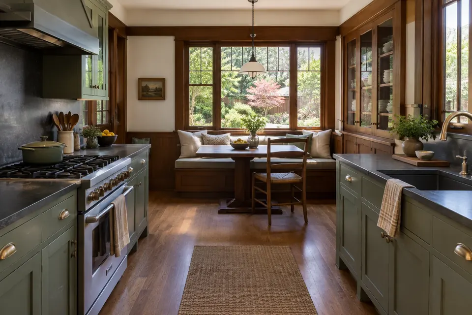 Illustration: brown-shingle Craftsman kitchen with period character