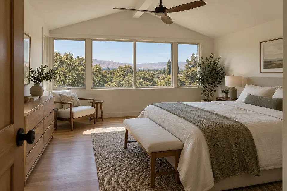 Illustration: a new upstairs primary bedroom with windows over the backyard oak and Valley foothills