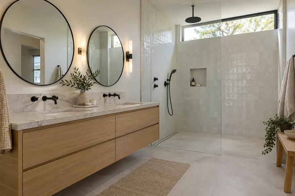 Illustration: a new upstairs primary bath with a walk-in shower and a rift-oak double vanity