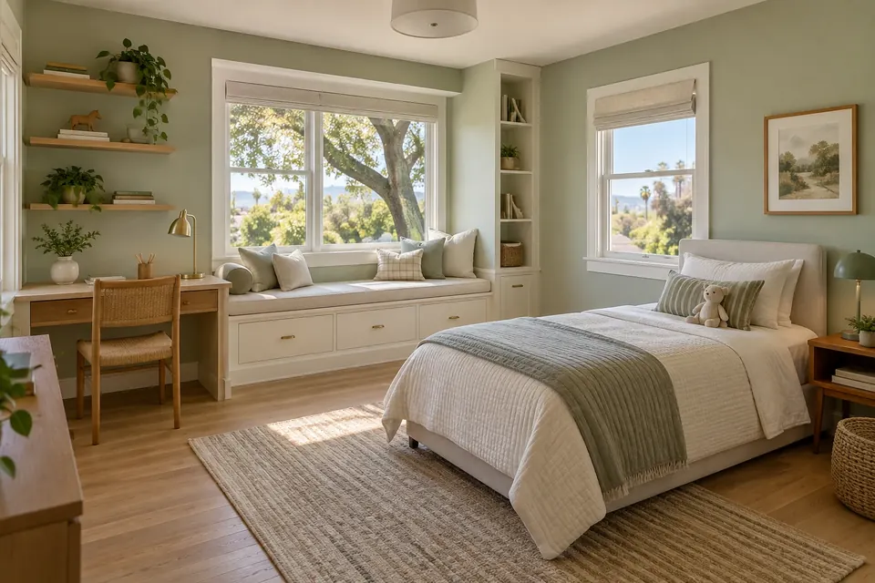 Illustration: a new upstairs children's bedroom with built-in desk and window seat