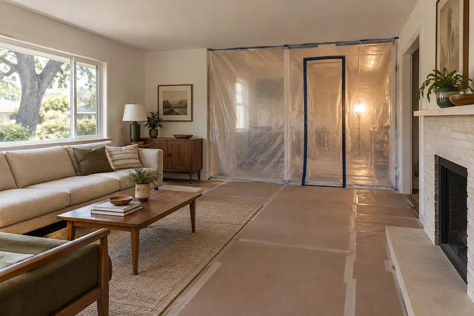 Illustration: the downstairs living room sealed off with a dust wall and floor protection while the second story is built
