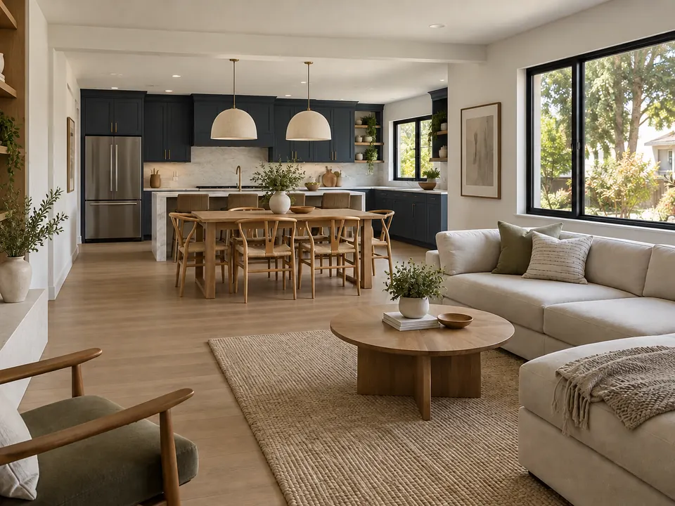 Design concept: open living and dining space at the elevated finish level