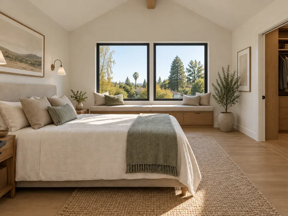 Design concept: upstairs primary bedroom at the elevated finish level