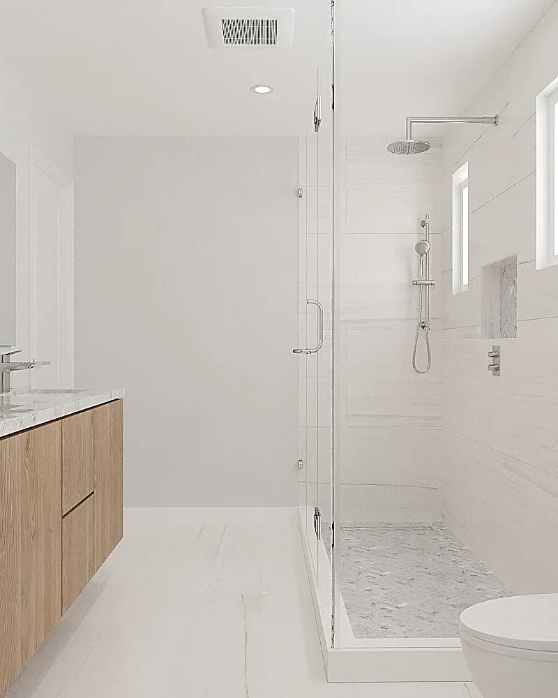 3D design rendering of a walk-in shower with frameless glass and a pebble-mosaic floor