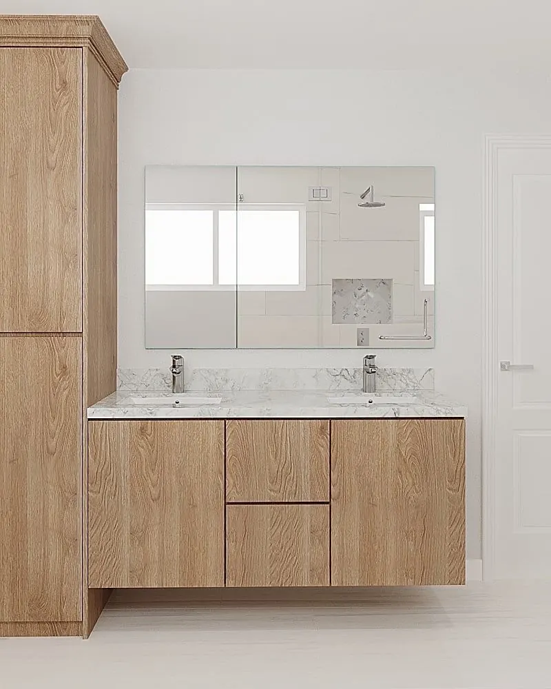 3D design rendering of a double wood vanity with a tall linen cabinet and wide mirror