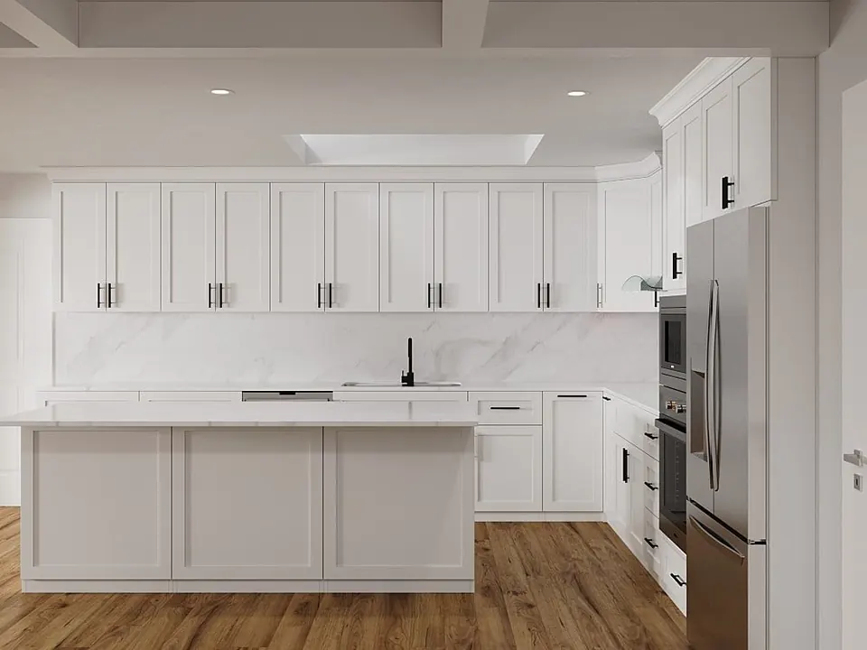 3D design rendering of a white kitchen elevation with island, skylight and built-in ovens