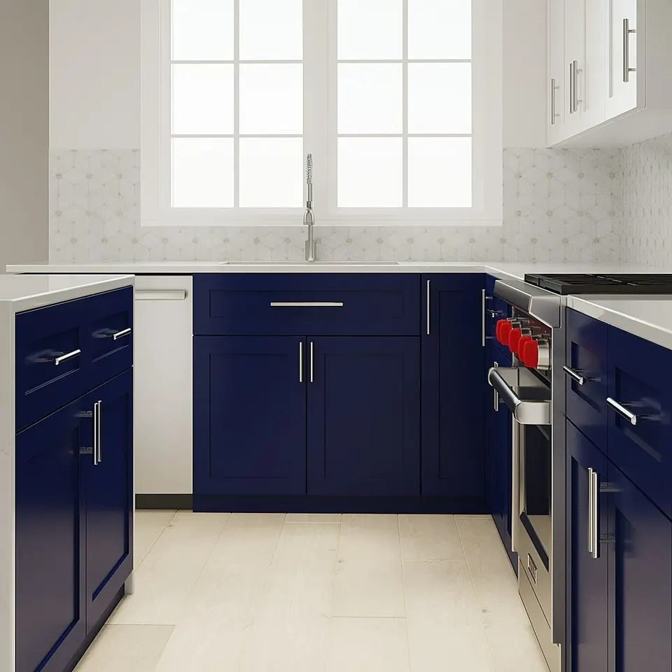 3D design rendering of navy shaker cabinets around a pro range beneath a paned window