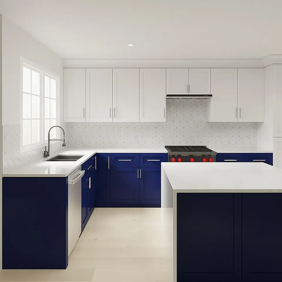 3D design rendering of an L-shaped kitchen with navy base cabinets and white uppers
