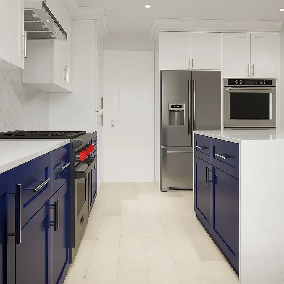 3D design rendering of a navy kitchen island and white uppers beside a stainless refrigerator