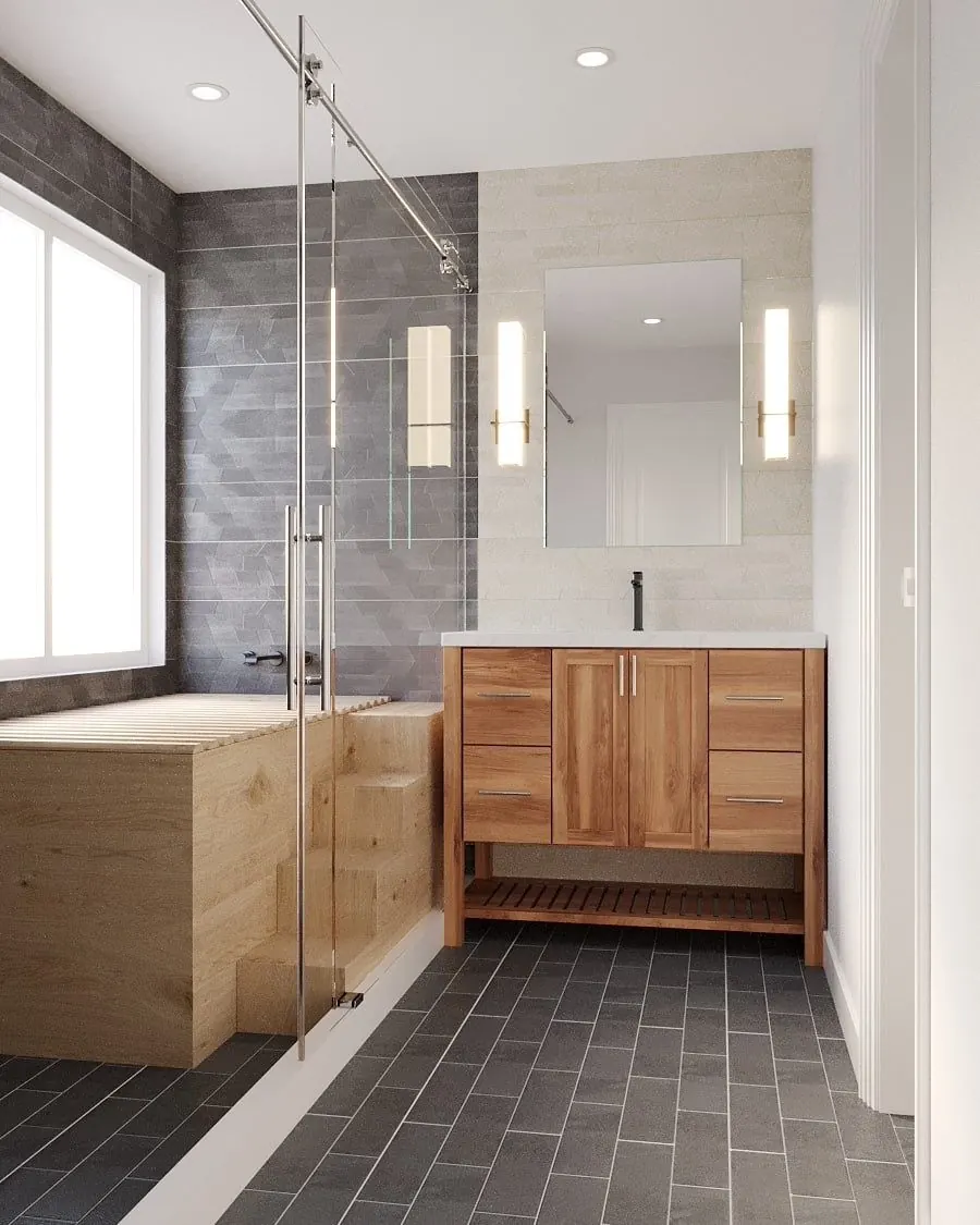 3D design rendering of a spa-style bathroom with slate-gray tile and a wood tub surround
