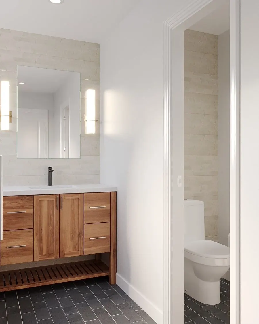 3D design rendering of a wood vanity with an open lower shelf and slim wall sconces