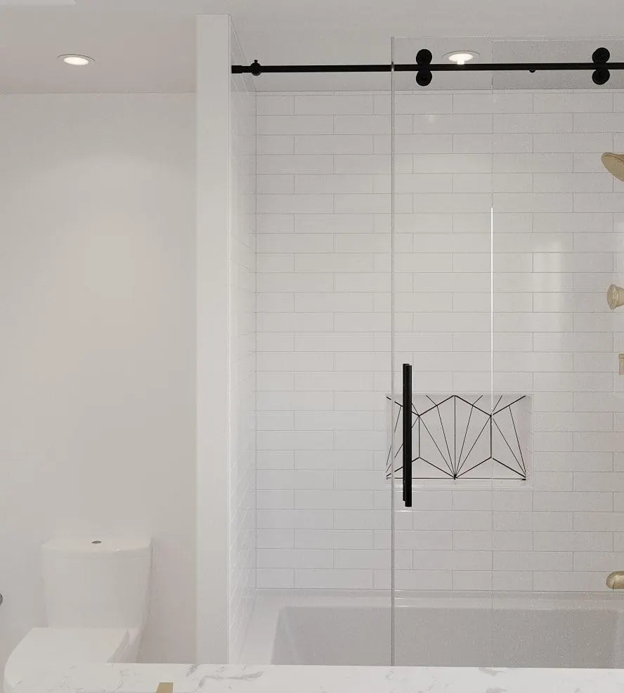 3D design rendering of a subway-tile shower with a black barn-door glass slider