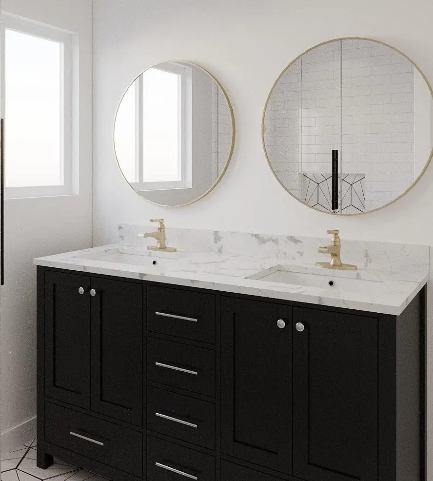 3D design rendering of a black double vanity with brass faucets and round mirrors