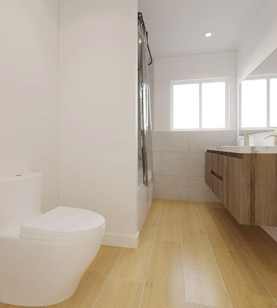 3D design rendering of a small bathroom with a wall-hung vanity, one-piece toilet and light wood floors