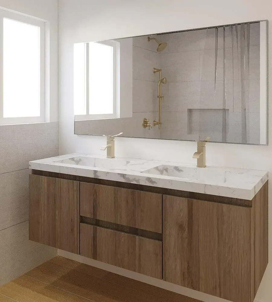 3D design rendering of a floating wood double vanity with marble top and brass faucets