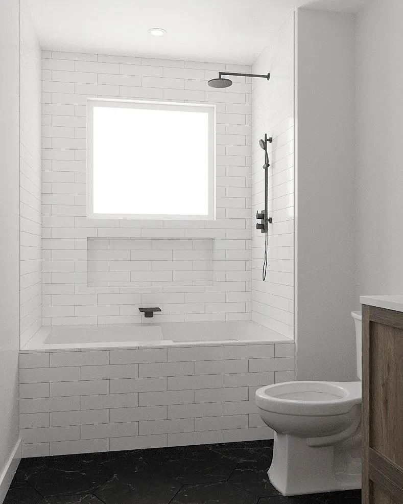 3D design rendering of a subway-tile tub surround with a niche and black fixtures
